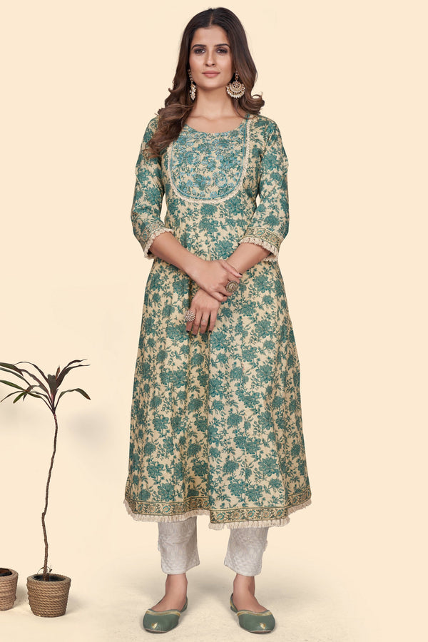 Women's Print & Embroidered A-Line Cotton Turquoise Stitched Kurta - Vbuyz