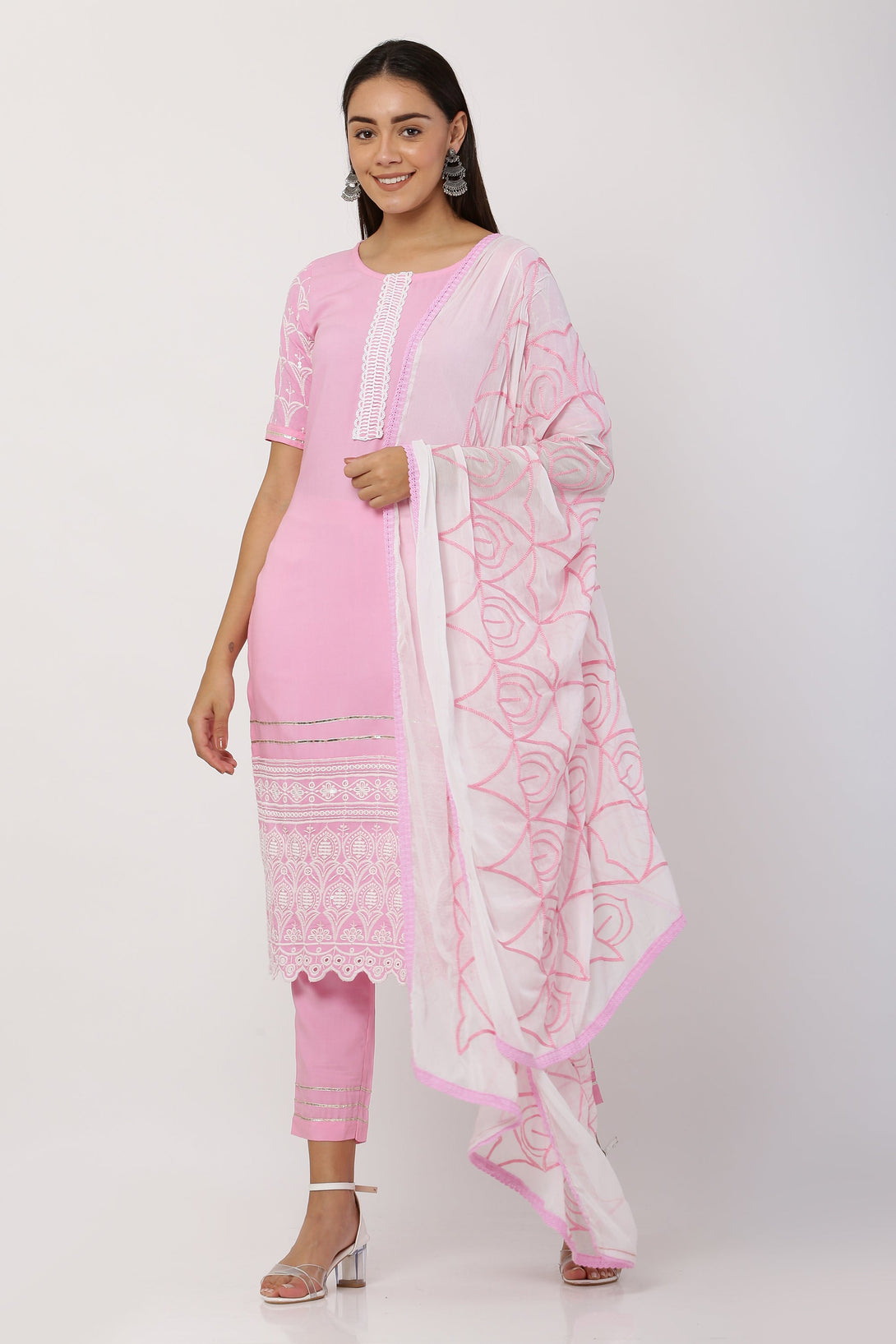 Women's Pink Color Rayon Blend Embroidery Kurta With Trouser & Dupatta - Vaaba