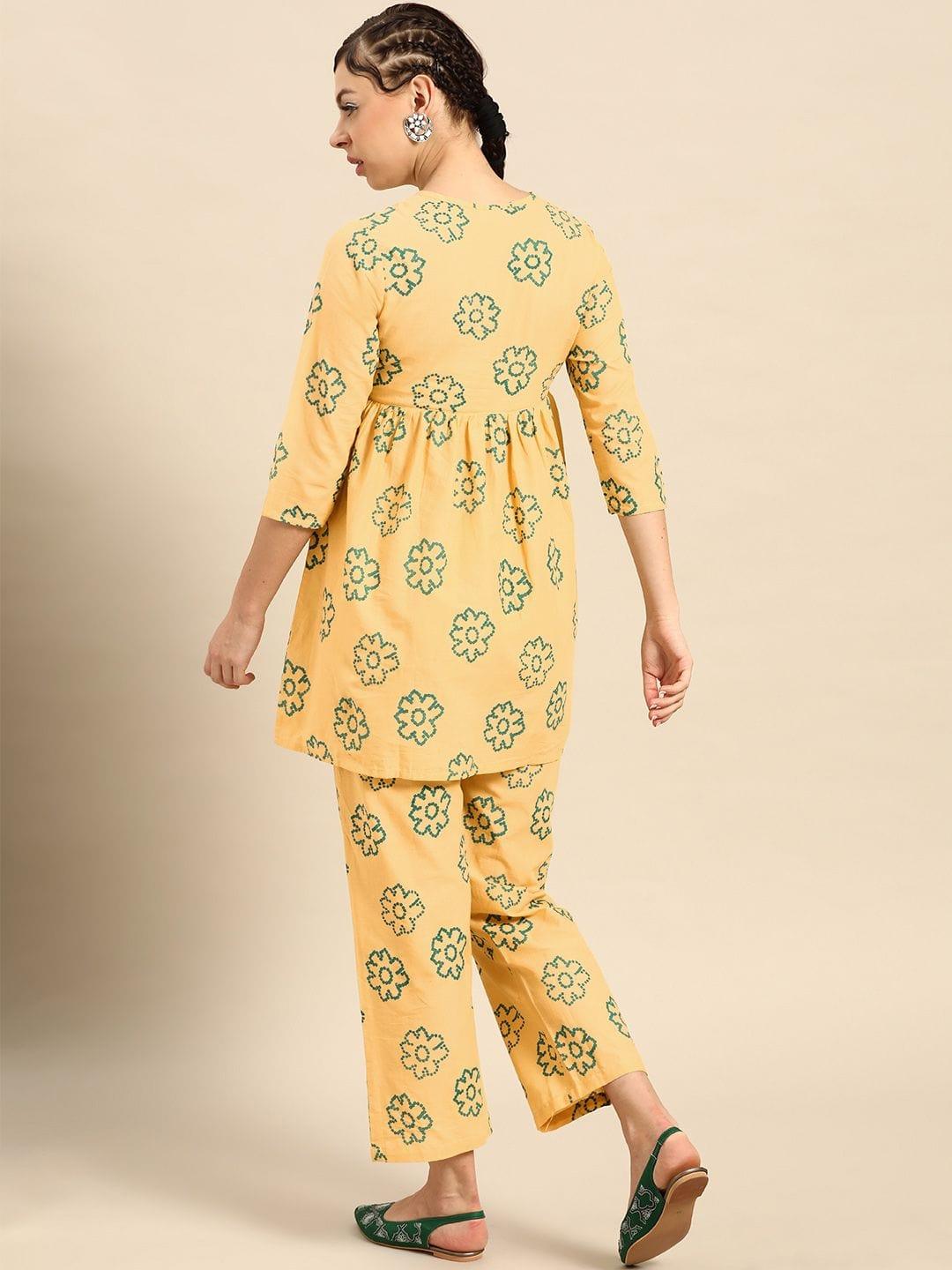 Yellow & Green Printed Pure Cotton Empire Kurti With Trousers - Indiakreations