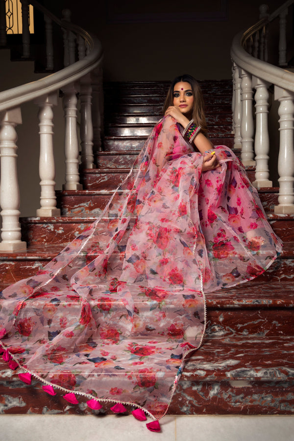 Women's pink lotus organza saree - Pomcha Jaipur