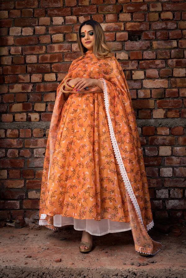 Women's orange printed modal anrakali set - Pomcha Jaipur