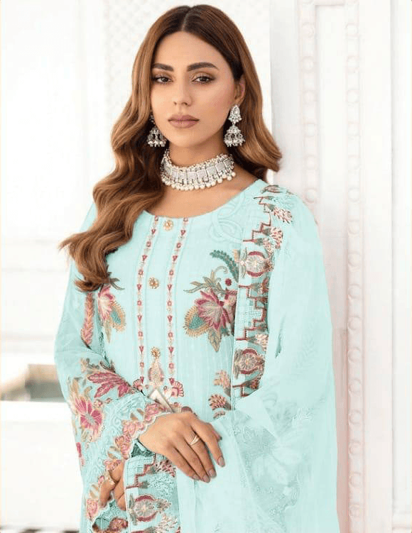 Baby Blue Georgette Embroidery Anarkali with Dupatta Set - Indiakreations