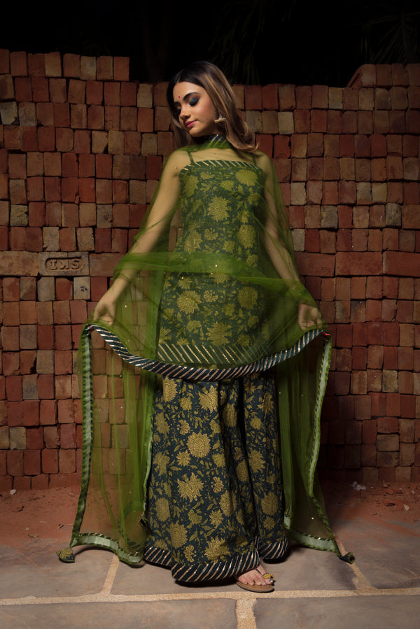 Women's orchid green hand block pure cotton suit set - Pomcha Jaipur