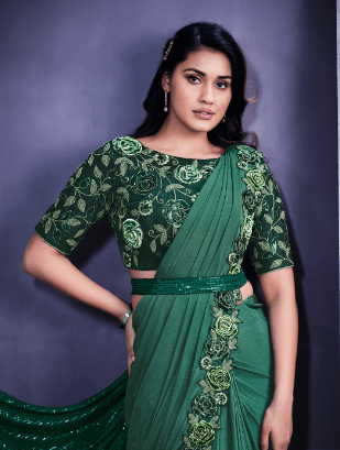 Dark Green Crystal Lycra Floral Embroidered Designer Saree - Indiakreations
