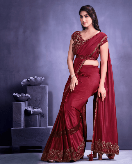 Graceful Designer Wear Red Crepe Lycra Fashion Saree - Indiakreations