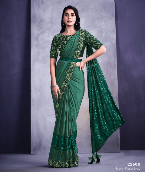 Dark Green Crystal Lycra Floral Embroidered Designer Saree - Indiakreations