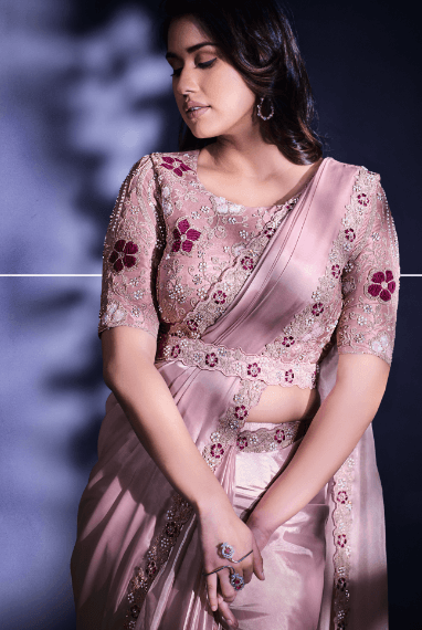 Beautiful Pink Trendy Satin Silk Crepe Saree With Blouse - Indiakreations