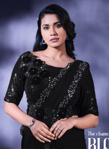 Black Floral Embroidered Crepe Lycra Saree With Blouse Piece - Indiakreations