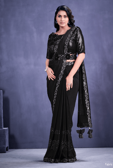 Black Floral Embroidered Crepe Lycra Saree With Blouse Piece - Indiakreations