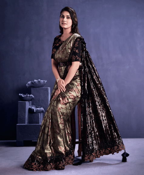 Sangeet Wear Digital Printed Satin Georgette Fabric Embroidered Work Saree In Dark Beige - Indiakreations