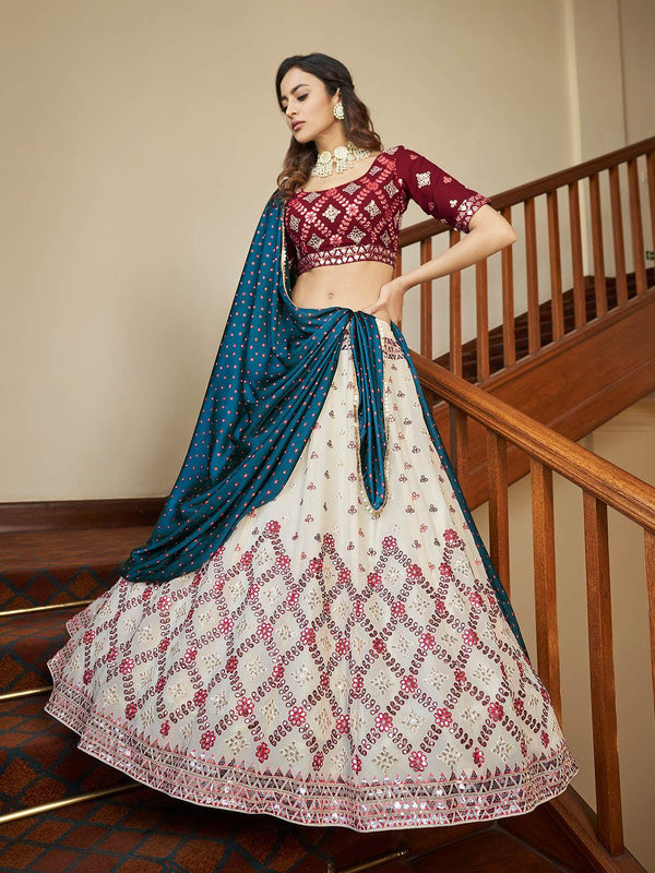 Women's Impressive Beige Georgette Lehenga Set - Odette