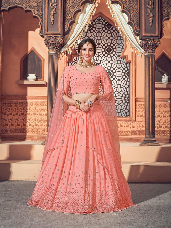 Women's Impressive Peach Georgette Lehenga Set - Odette