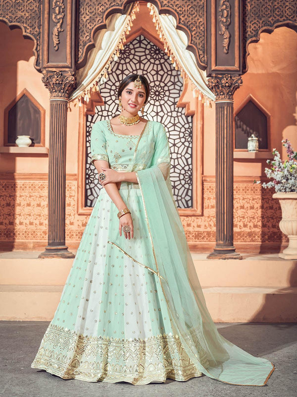 Women's Impressive Pista Green Georgette Lehenga Set - Odette