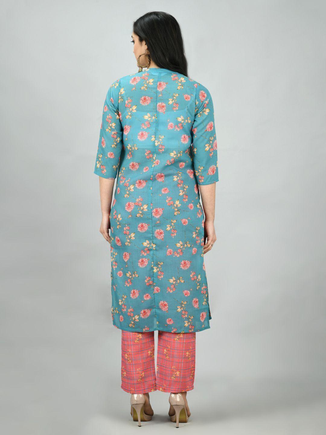 Women's Multi Poly Cotton Printed 3/4 Sleeve Mandarin Neck Casual Kurta Pant Set - Myshka - Indiakreations