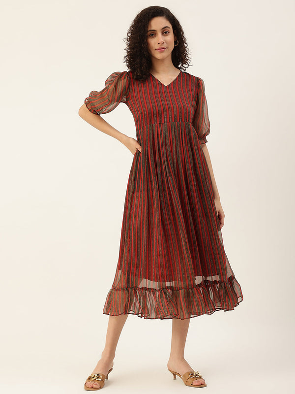 Women's Maroon Color Chiffon Flared Printed A-Line Striped Dress - Vaaba