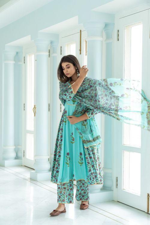 Turquoise Anarkali Suit Set - Indiakreations