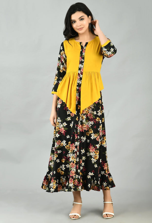 Women's Multi Polyester Printed 3/4 Sleeve Round Neck Casual Dress - Myshka - Indiakreations
