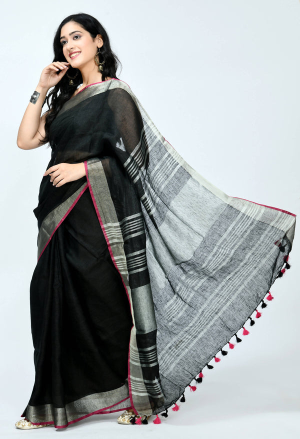 Women's Pure Linen Black Color Saree Mfsaree_029 - Moeza