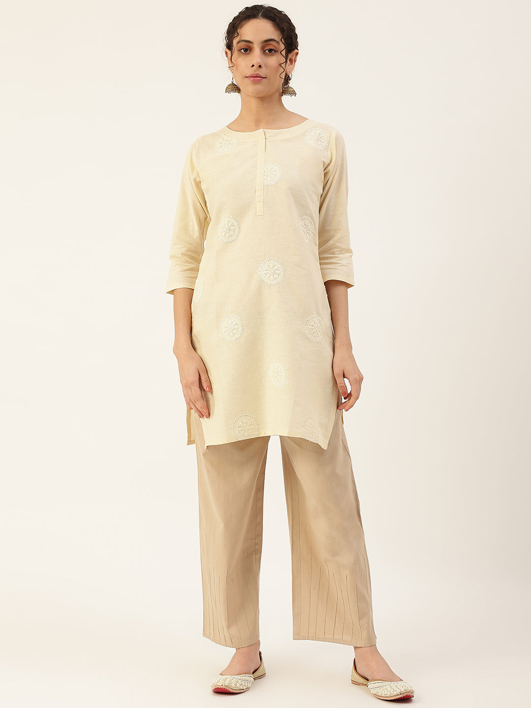 Women's Cream Color Pure Cotton Embroidery Aari Work Straight Kurta - Vaaba