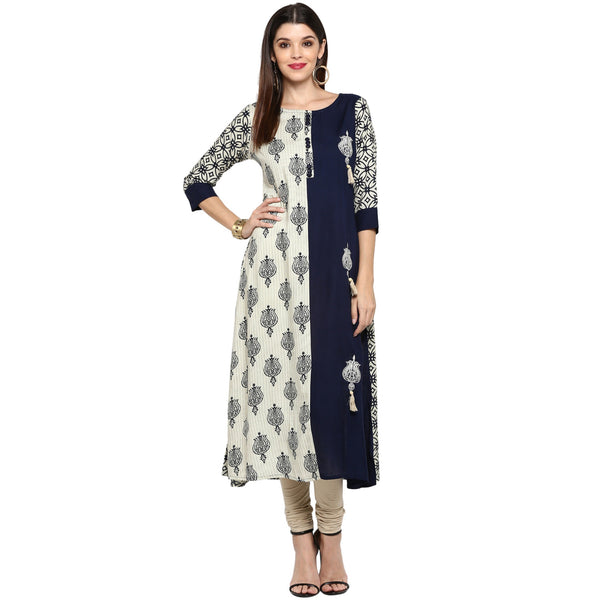 Women's Blue & White Rayon Straight Kurta By Vbuyz- (1Pc Set)