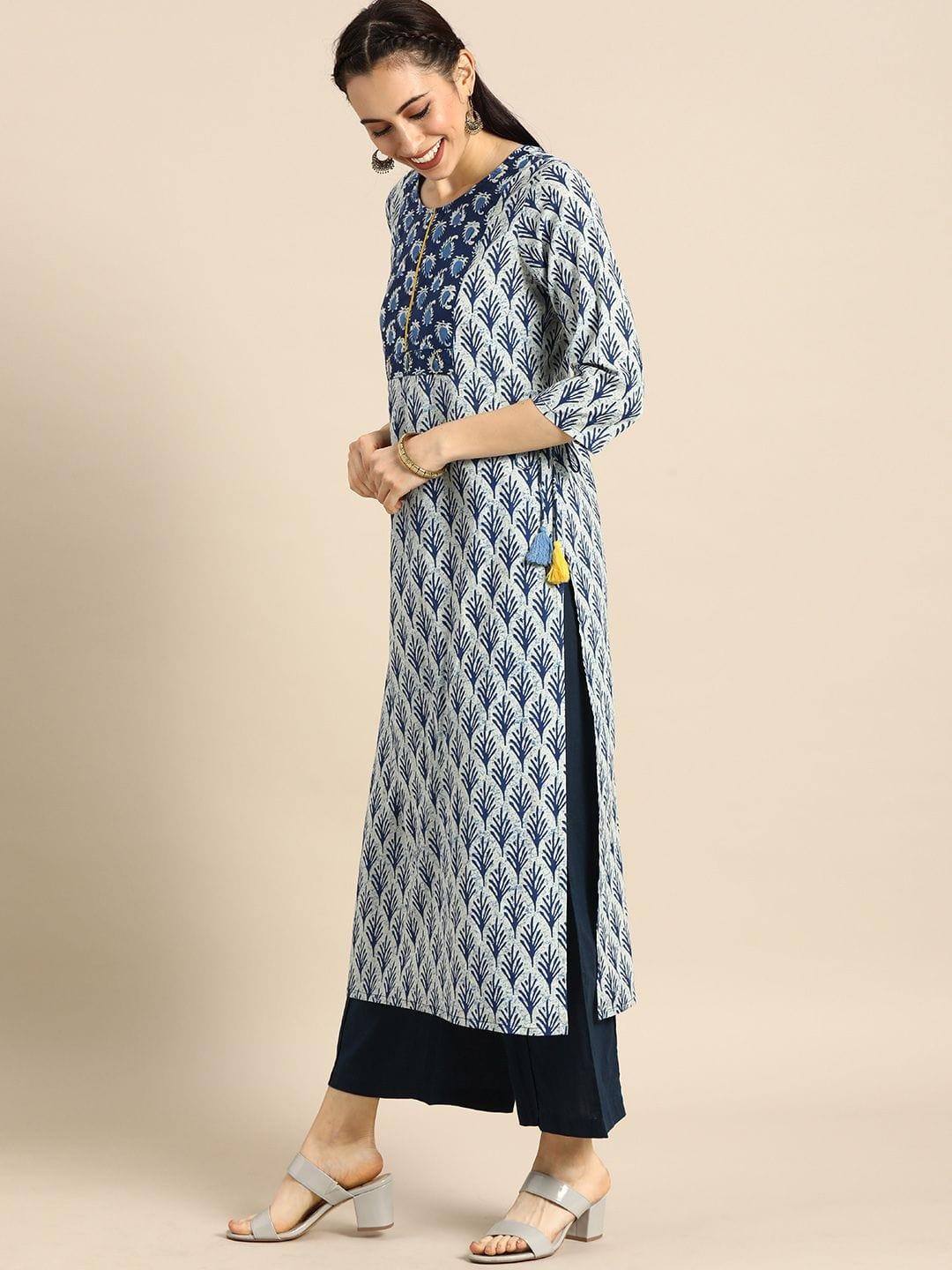 Blue & Yellow Ethnic Motifs Printed Indigo Kurta - Indiakreations