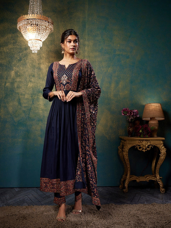 Antique Anarkali Style Ready-Made Suit in Navy Blue Paired with Embellished Dupatta