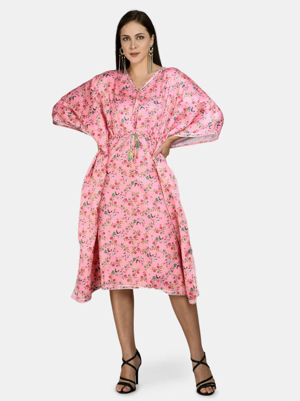 Women's Pink Polyester Printed Full Sleeve V Neck Casual kaftaan - Myshka