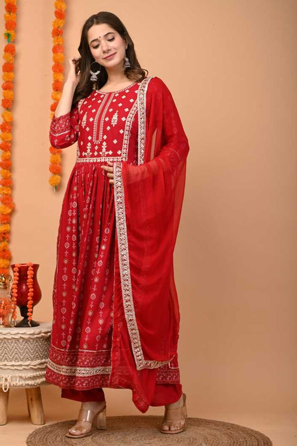 Women's Red Kurta And Palazzo Set Rayon - Noz2Toz