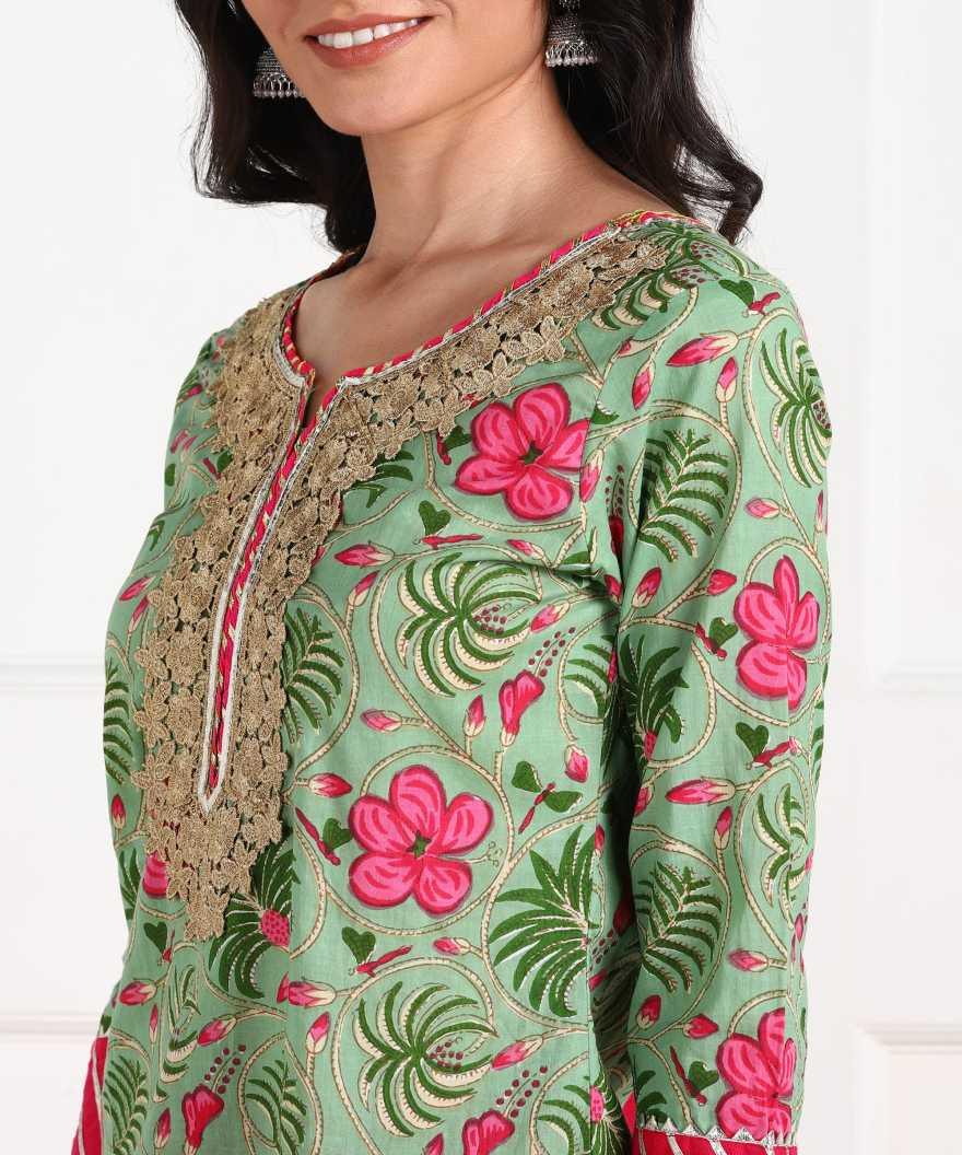 Women's Embroidered, Floral Print Kurta, Sharara & Dupatta Set 3Pc - Noz2Toz - Indiakreations