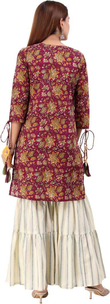 Women's Kurta And Sharara Set Cotton Poly Silk 3Pc - Noz2Toz - Indiakreations