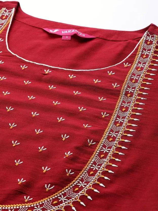 Varanga Women Maroon Ethnic Motifs Embroidered Kurta with Trousers & With Dupatta - Indiakreations