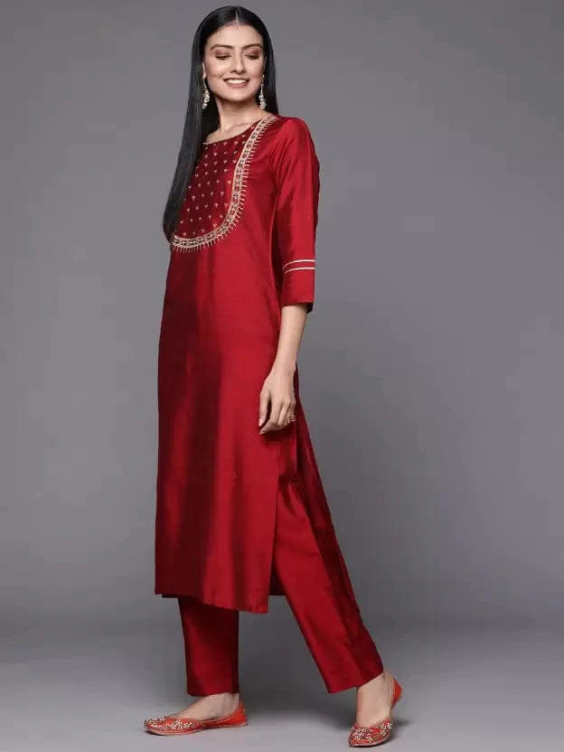 Varanga Women Maroon Ethnic Motifs Embroidered Kurta with Trousers & With Dupatta - Indiakreations