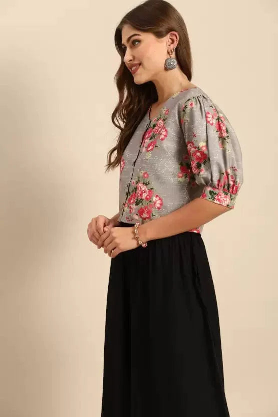 Varanga Grey & Pink Floral Printed Puff Sleeves Regular Crop Top - Indiakreations