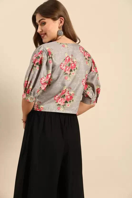 Varanga Grey & Pink Floral Printed Puff Sleeves Regular Crop Top - Indiakreations