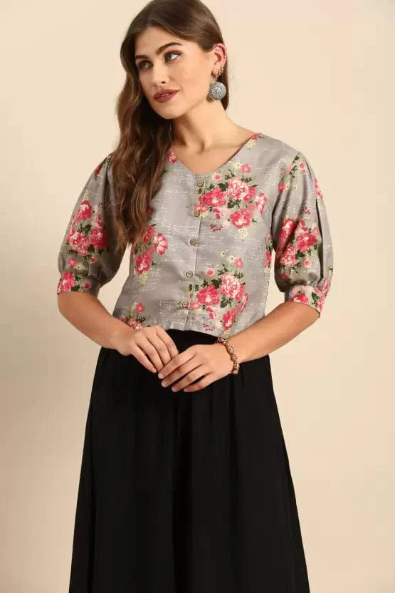 Varanga Grey & Pink Floral Printed Puff Sleeves Regular Crop Top - Indiakreations