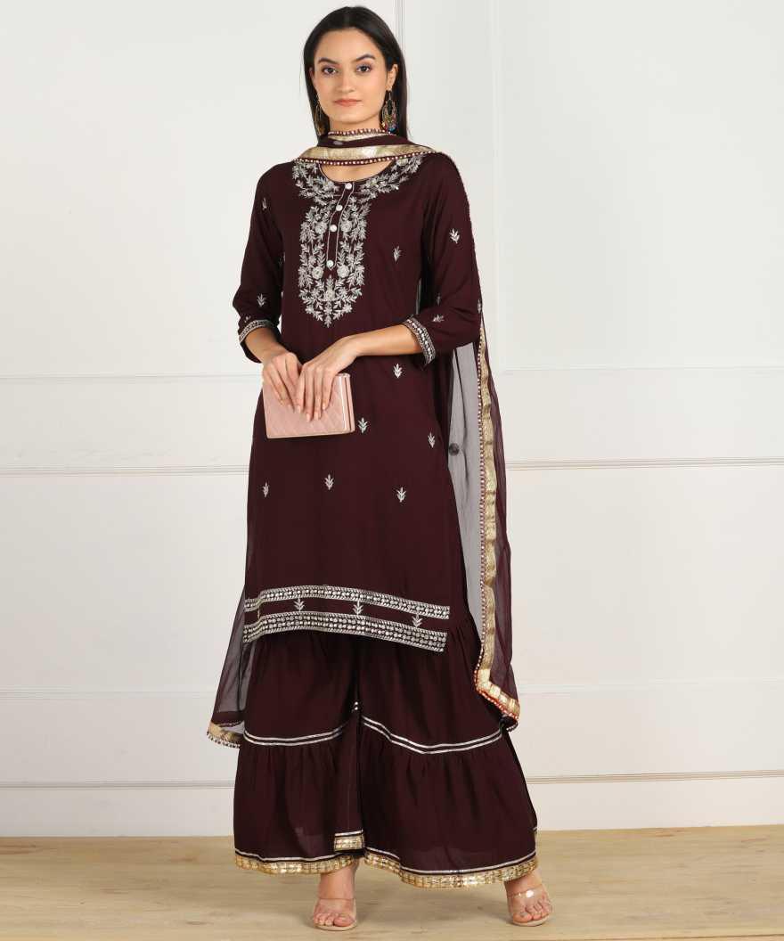 Women's Embroidered Kurta, Sharara & Dupatta Set 3Pc - Noz2Toz - Indiakreations