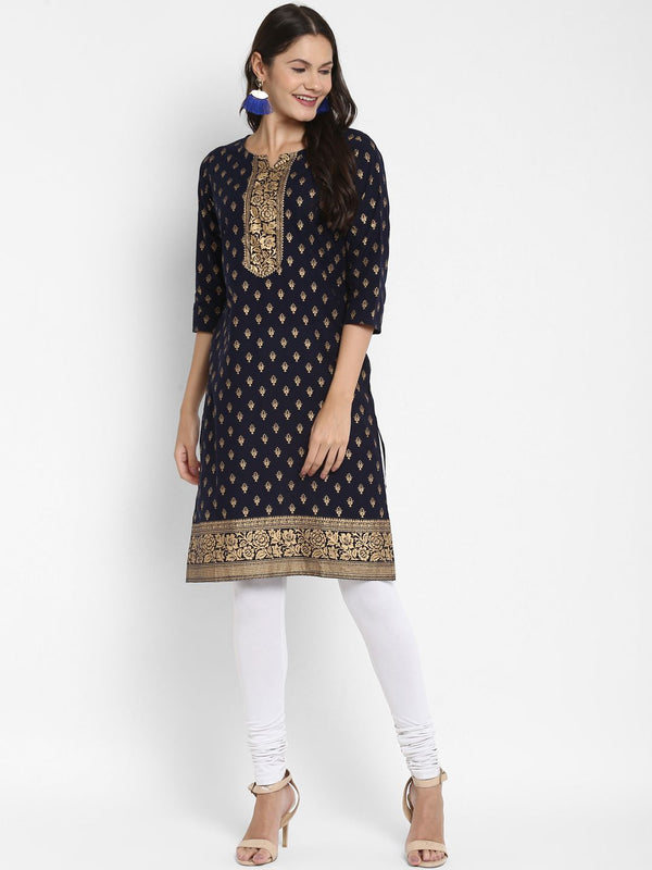 Women's Foil Print Straight Cotton Navy Blue Kurta (1Pc) - Vbuyz