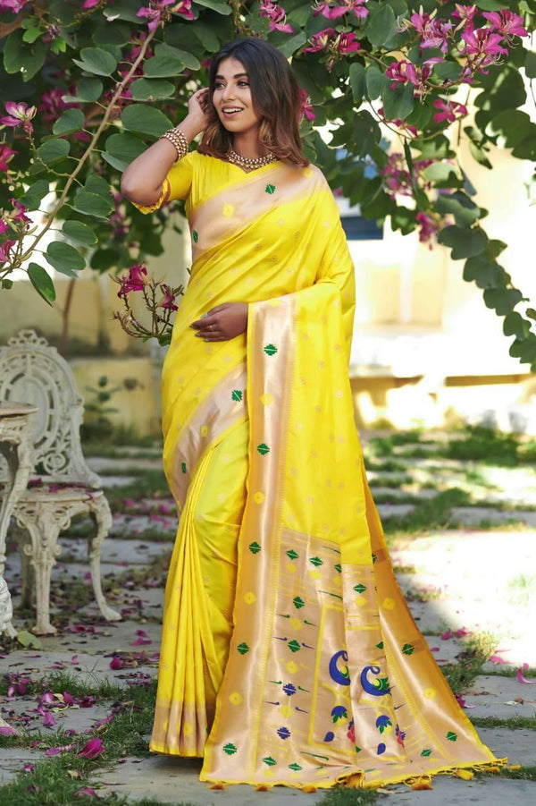 Lemon Yellow Banarasi Silk Saree - Indiakreations