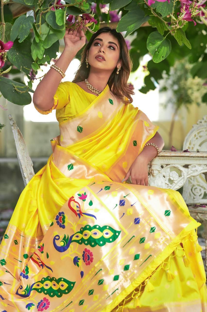 Lemon Yellow Banarasi Silk Saree - Indiakreations