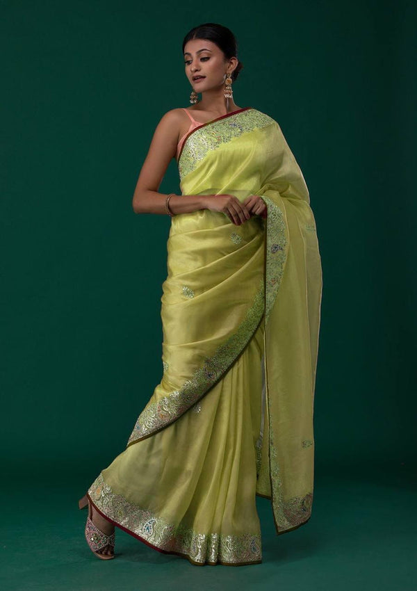 Lemon Yellow Organza Silk Saree - Indiakreations