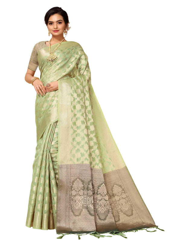 Women's Light Green Organza Zari Woven Saree With Blouse - Odette