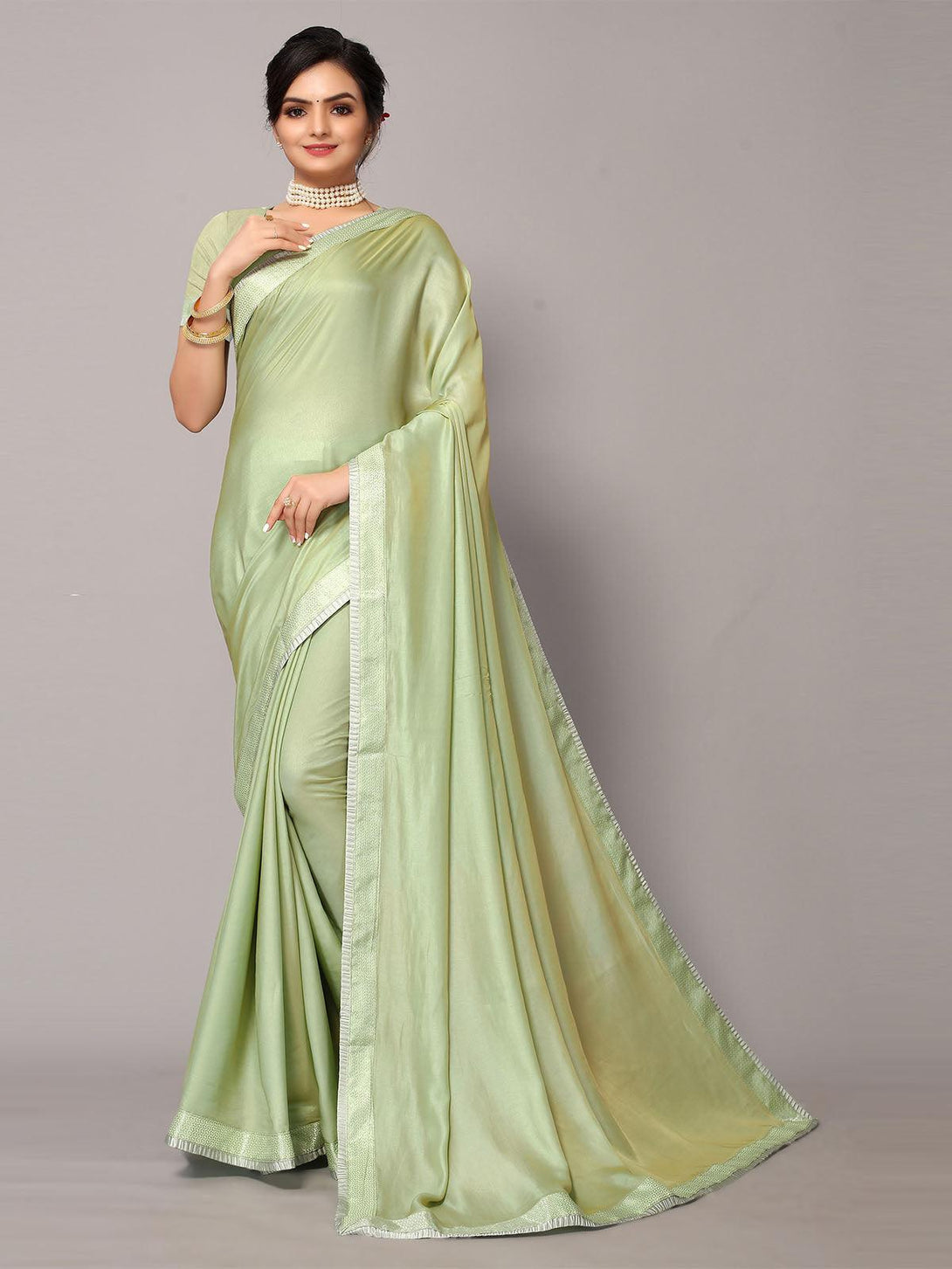 Women's Light Green Satin Silk Emblished Border Saree With Matching Blouse. - Odette - Indiakreations