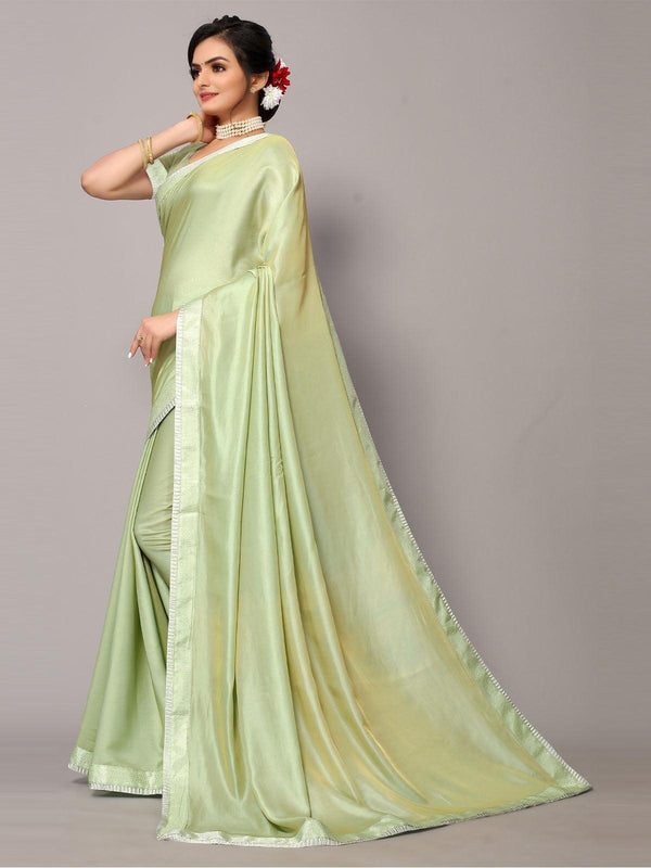 Women's Light Green Satin Silk Emblished Border Saree With Matching Blouse. - Odette - Indiakreations