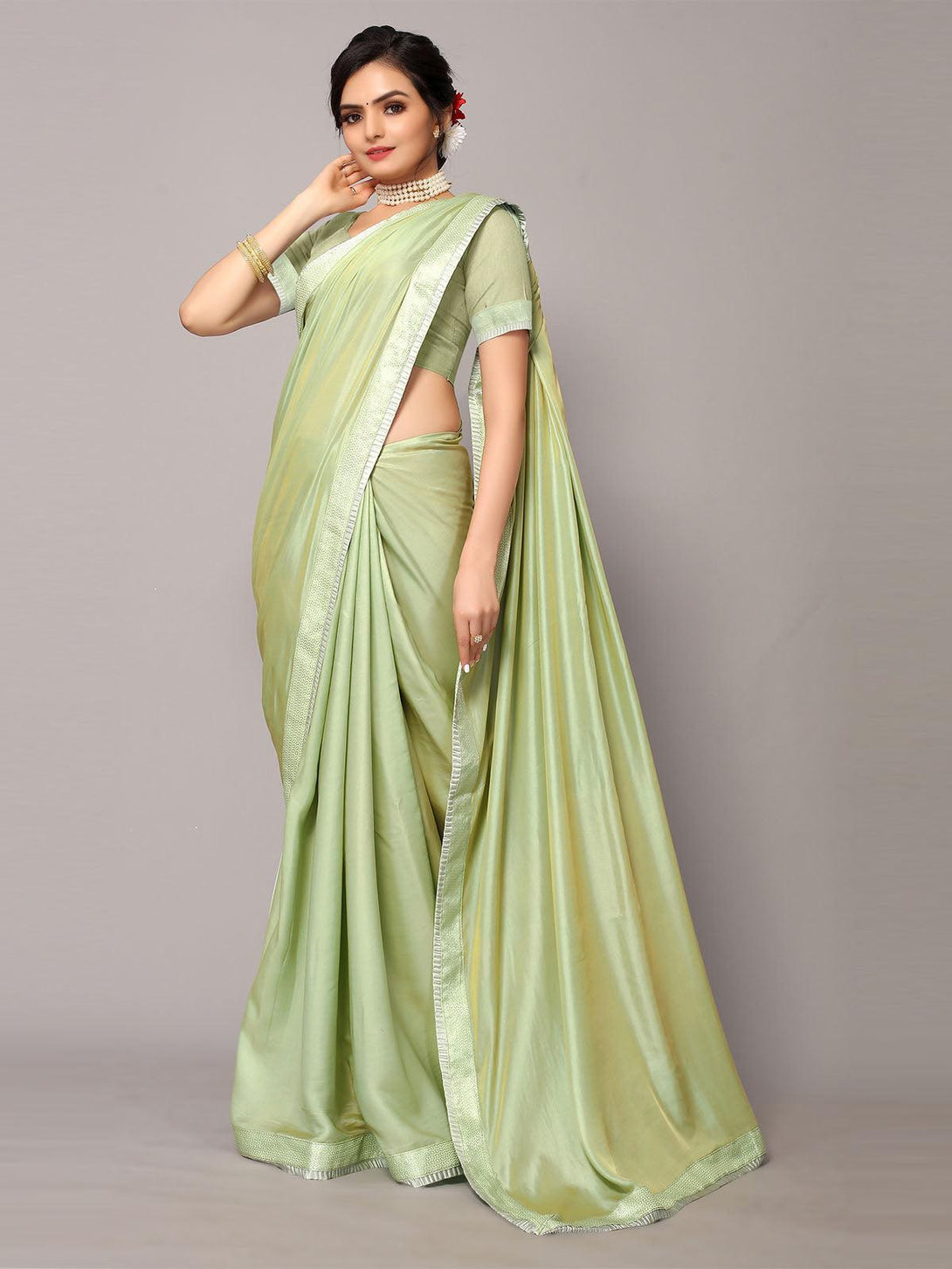 Women's Light Green Satin Silk Emblished Border Saree With Matching Blouse. - Odette - Indiakreations