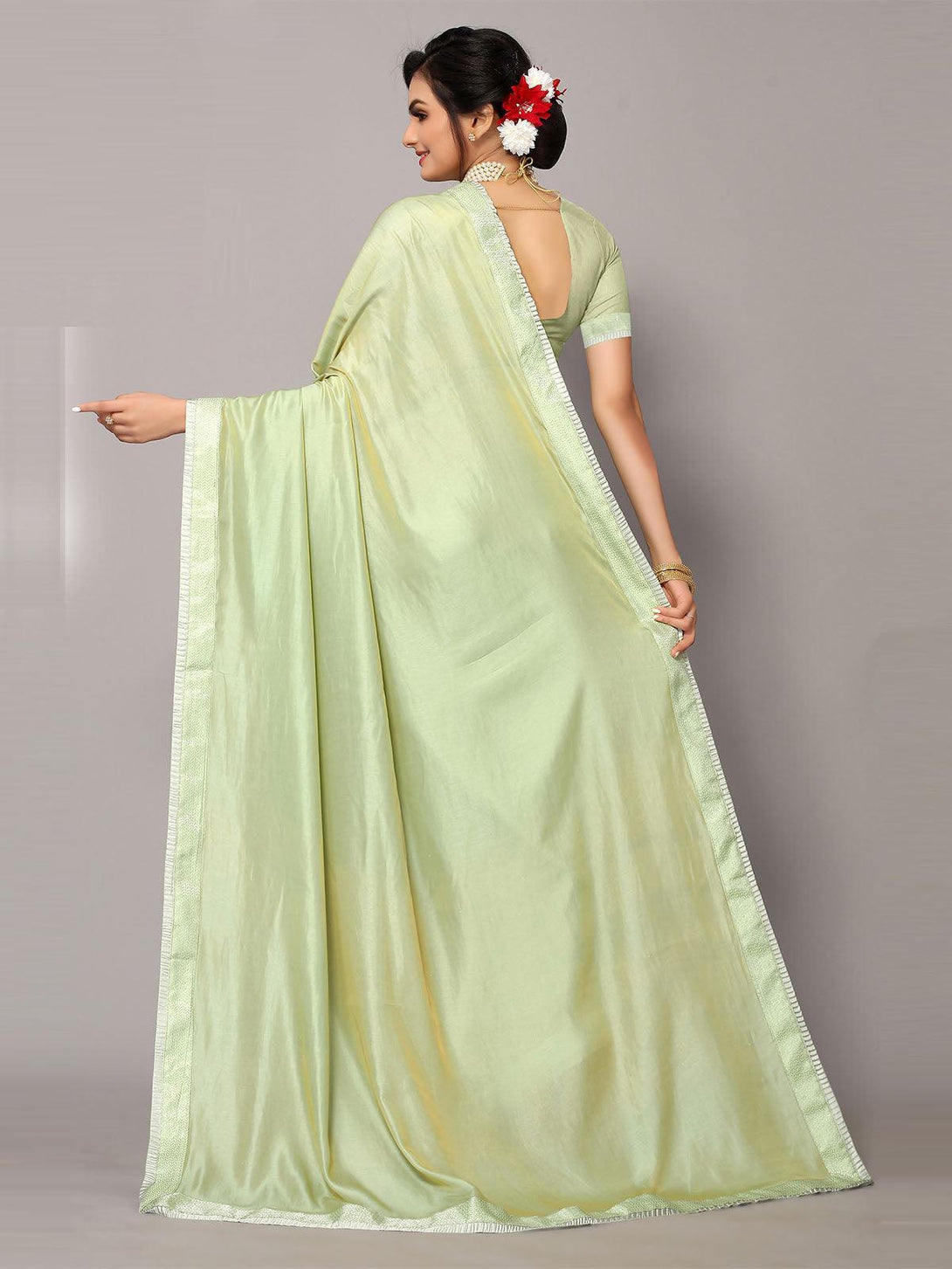 Women's Light Green Satin Silk Emblished Border Saree With Matching Blouse. - Odette - Indiakreations