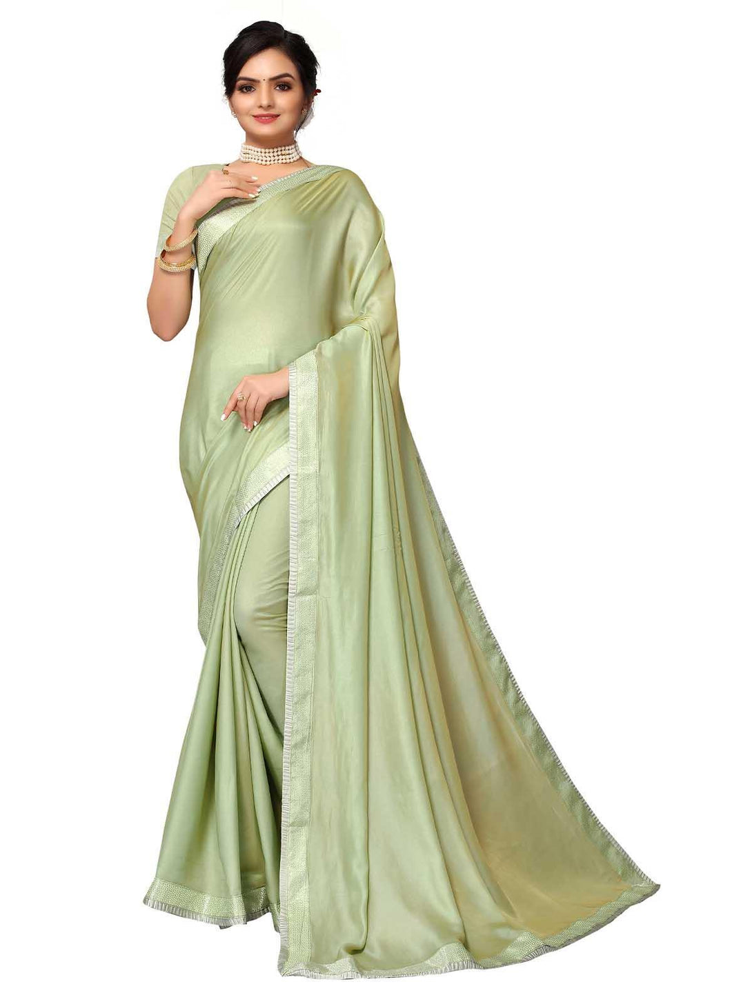 Women's Light Green Satin Silk Emblished Saree With Blouse - Odette - Indiakreations