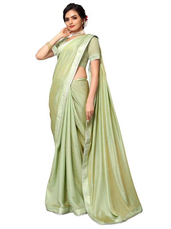 Women's Light Green Satin Silk Emblished Saree With Blouse - Odette - Indiakreations