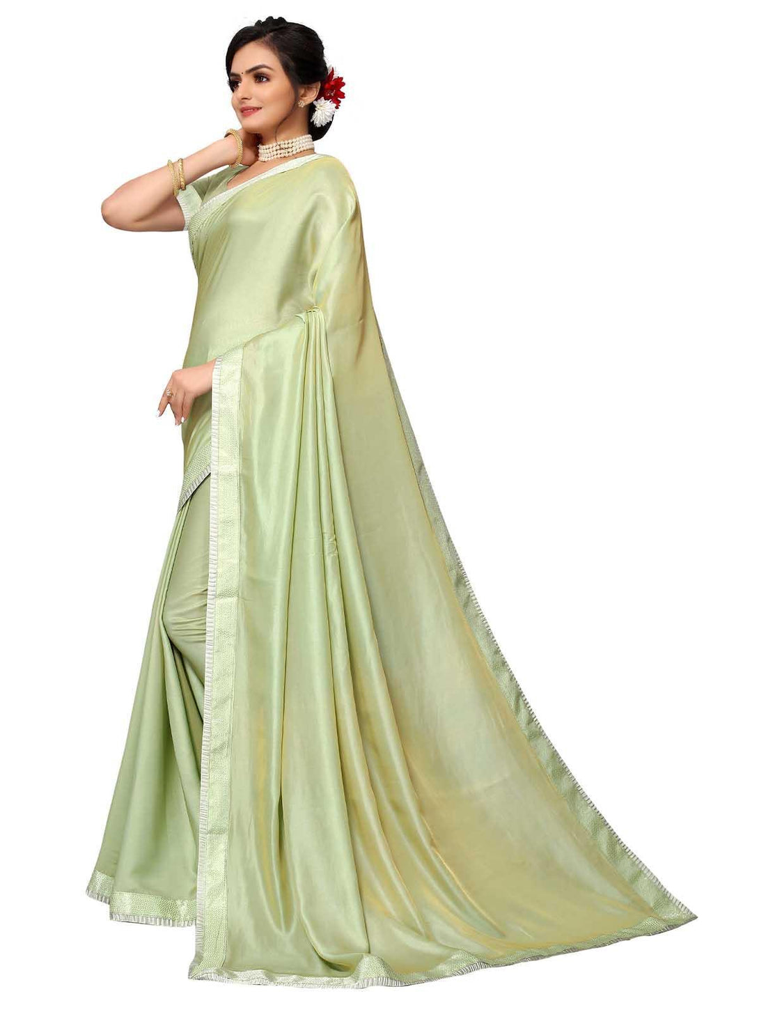 Women's Light Green Satin Silk Emblished Saree With Blouse - Odette - Indiakreations