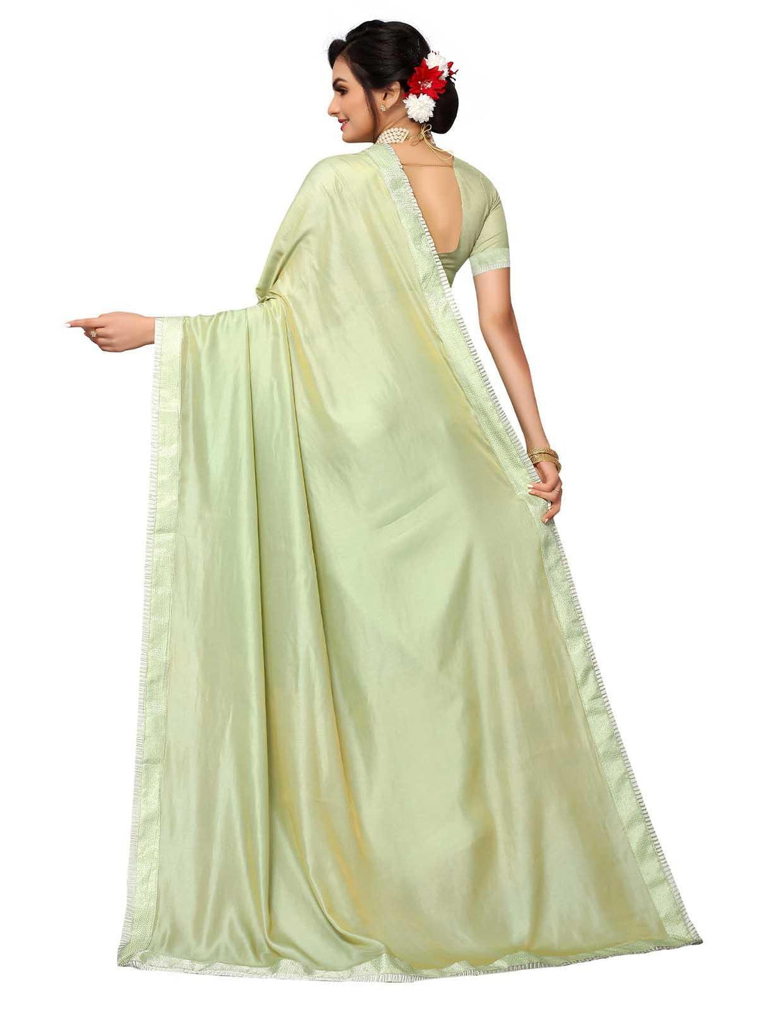 Women's Light Green Satin Silk Emblished Saree With Blouse - Odette - Indiakreations