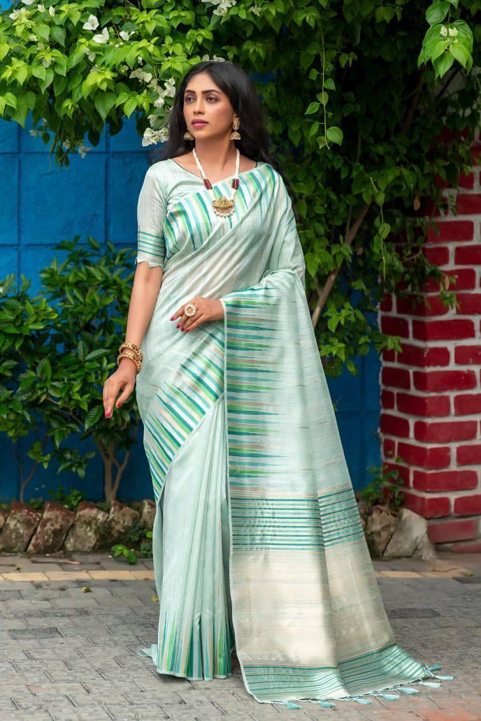 Light Green Stripes Tusser Silk Saree - Indiakreations